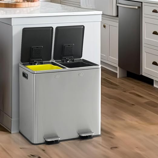 CAPHAUS Dual Trash Can with Double Lid, Trash and Recycle Bins Combo, Hands-free Stainless-Steel Garbage Can for Kitchen, with 2 Compartment, Hinged Lid, Odor Filters, Handles, 25L+25L, 2 x 6.6 Gallon