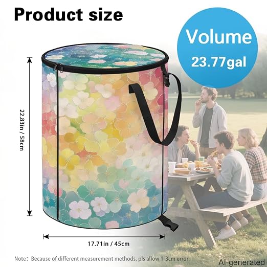 Watercolor Flower Pop up Camping Trash can with lid Collapsible 24 Gallons Trash can with Sorting Clips,Garden Garbage Bag with Lid,Lawn and Leaf Bags - Reusable Yard Waste Bags