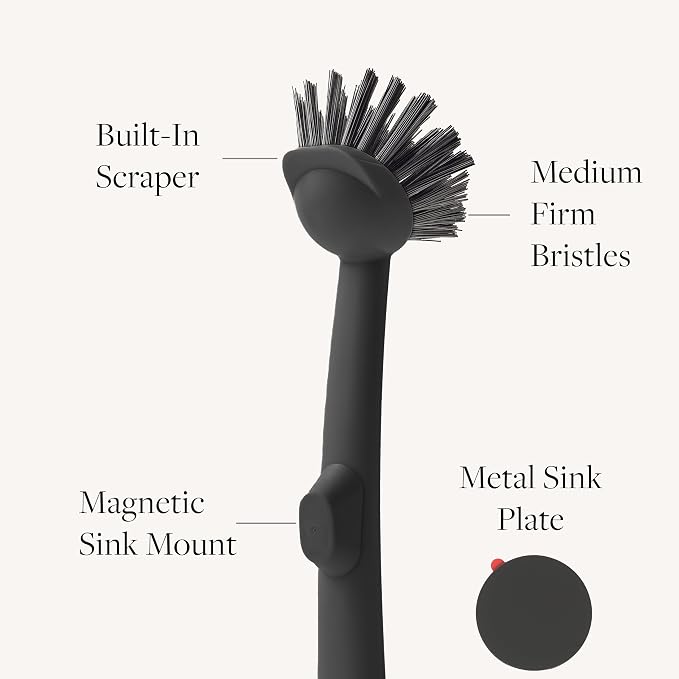 Earth & Mango Magnetic Dish Brush & Scraper, Snaps to Sink, Onyx Black
