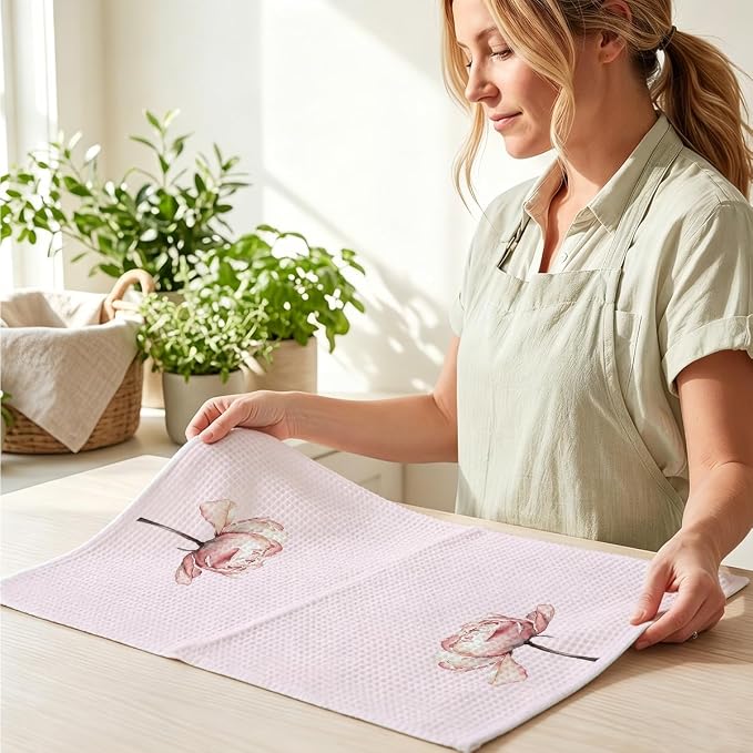 3 Pcs Pink Hand Towels, Perfume Flower Decor Reusable Dish Towels | Fashion Gifts for Women Mom Girls Friend, Waffle Weave Microfiber Towels for Bathroom Home Decor 24x14 Inch