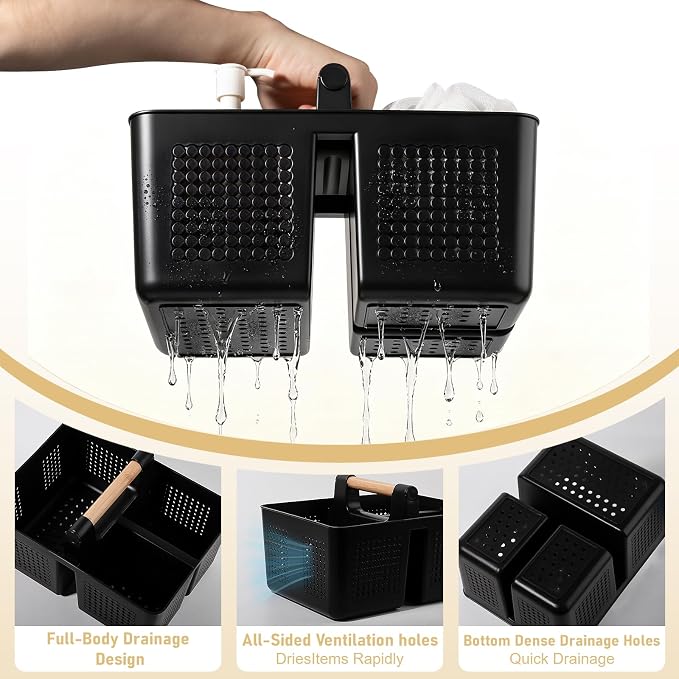 JiatuA Portable Shower Caddy Basket Plastic Caddy Organizer Small Black | Sturdy Drainage Large Capacity Cleaning Supplies Caddy Tool Storage for Bathroom Kitchen Bedroom College Dorm Essentials