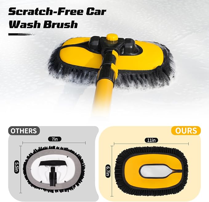 Ordenado 15° Curved Car Wash Brush with Long Handle, Car Wash Mop Kit | 43" Microfiber Scratch-Free Car Cleaning Supply with Replaceable Head, Chenille Mitt, Drying Towel, Wheel Brush for RV Truck