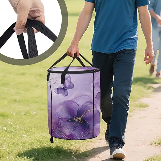 doginthehole Purple Flowers Collapsible Trash Can with Lid Aesthetic Marble Texture Trash Can Waterproof Portable 23 Gallon Waste Bin for Camping, Beach, Picnic, Patio Home Outdoor Decor