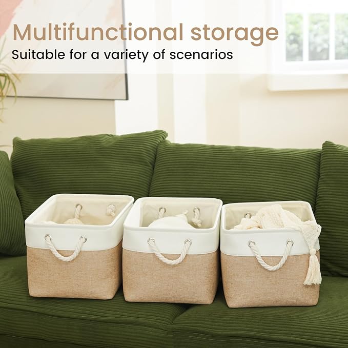 15x11x10 In Foldable Fabric Large Storage Bins with Handle 6 Pack | Organizer Baskets, Sturdy Metal Strand, Cardboard Support Molding, Storage Baskets for Shelves, Closet, Bedroom, White/Khaki