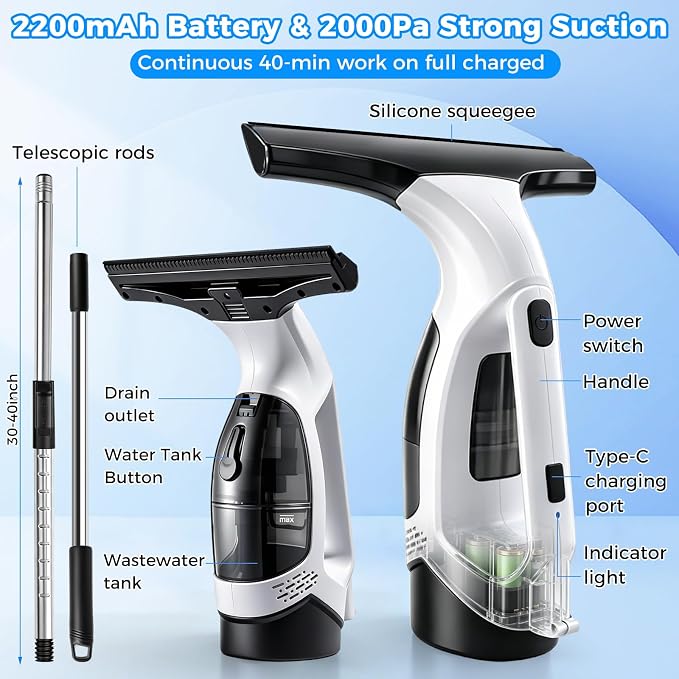 2000Pa Window Vacuum Squeegee with 31-40" Pole, 2200mAh & 150ml Tank | Electric Window Cleaning Tool for Windows, Shower Doors, Mirrors, and Tiles