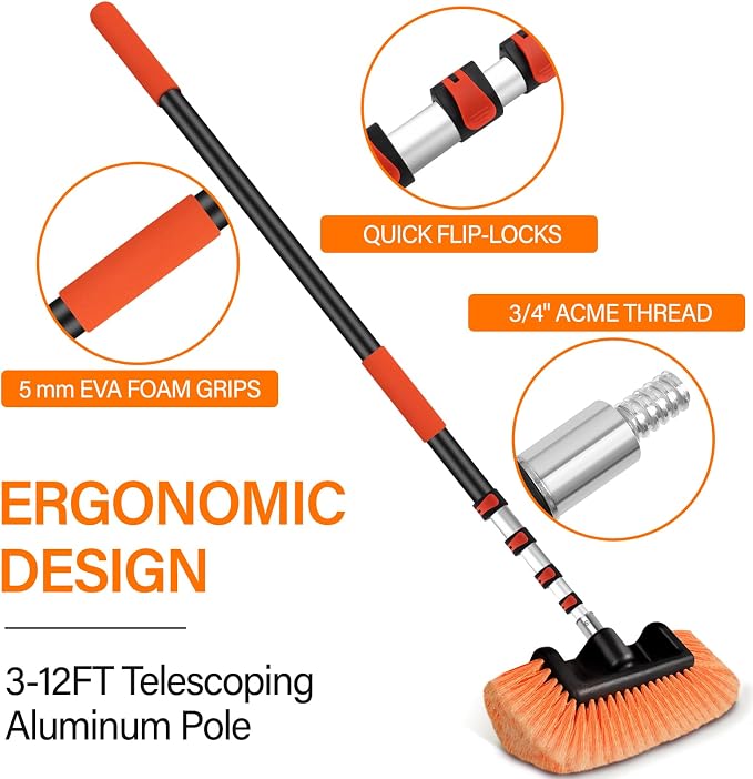 18 FT Reach Car Wash Brush with Long Handle, Car Cleaning Kit | with 3-12FT Extension Pole, Soft Bristle Brush, Chenille Cleaning Mop & Mitt, Window Squeegee, Wheel Brush for RV, Truck