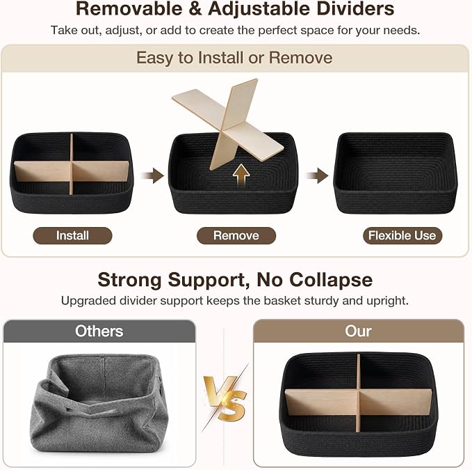 3 Pack Small Baskets for Organizing, Woven Storage Baskets for Shelves | 11.8x7.8x3.8 in Cotton Rope Baskets, Toy Baskets Storage Kids, Basket Organizer, for Living Room, Bedroom, Nursery, Black