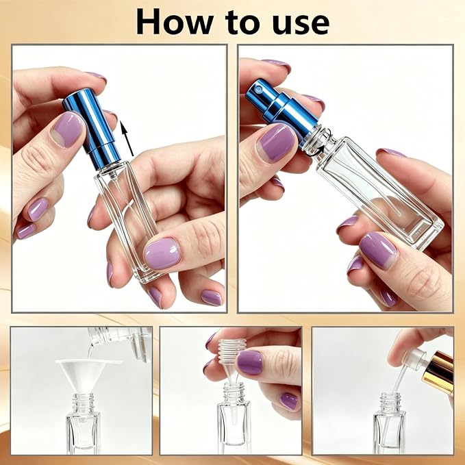 Perfume Travel Refillable, 6 Pcs 10 ml Glass Atomizers (Blue) | Leak-resistant fine mist spray, mini perfume bottle set with filling tools, portable for travel, gym, office and daily use