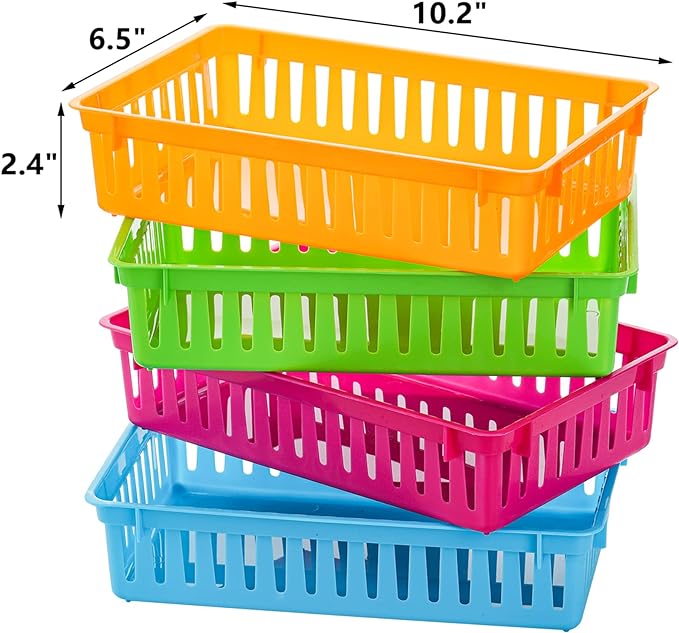 16 Pack Classroom Storage Baskets Bins, Small Plastic Organizer Basket, Colorful Storage Trays, Crayon Pencil Containers for Paper, Desk, Shelf, Home School Office, 10.2" L x 6.5" W x 2.4" H