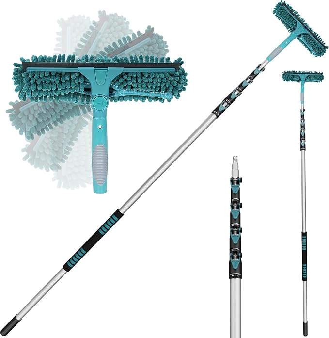 TelesPro 30 Feet High Reach Window Squeegee with 6-24 Ft Extension Pole, Window Cleaner Tool with 5-Stage Telescoping Pole, Window Cleaning Kit with Rotatable Head (2 Squeegee & 2 Microfibre Cloths)