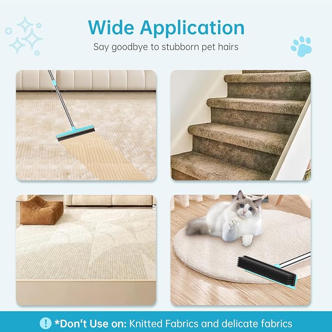 Carpet Rake 60" Long Handle, Pet Hair Remover, Carpet Broom, 3Pcs | Metal Fabric Edge, Carpet Scraper, Rug Rake, Pet Hair Broom, Carpets, Rugs, Mats, Couch, Stairs, Pet Hair Removal Tool