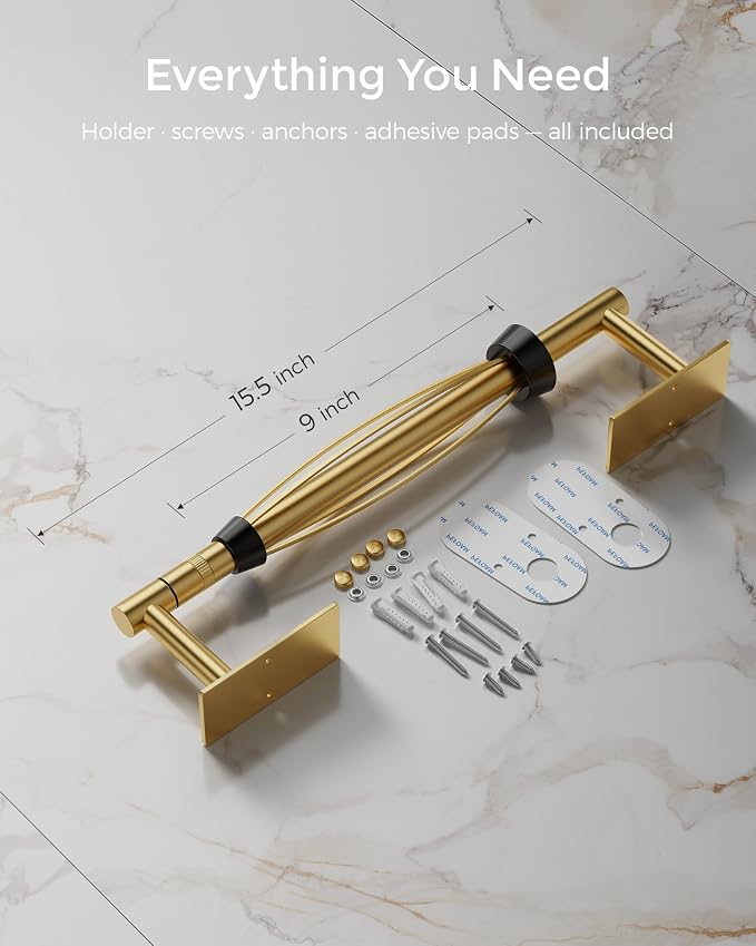 Gold Paper Towel Holder Under Cabinet with Damping Self Adhesive | 304 Stainless Steel Post Pivoting Design Wall Mounted & No Drilling, Single Hand Operable for Kitchen Bathroom, Square Base