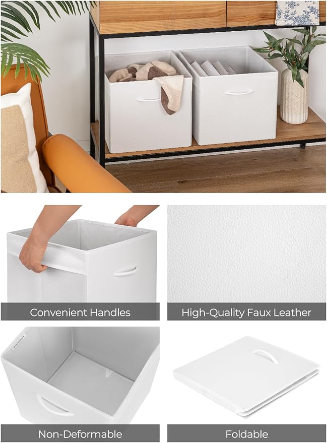 StorageWorks White 13in Storage Cubes, Leather Cube Storage Bins, 4-Pack | Reinforced Handle & Front Panel, Faux Leather Front, Non-woven Fabric, Collapsible, Space-Saving, For Closet, Bedroom, Office