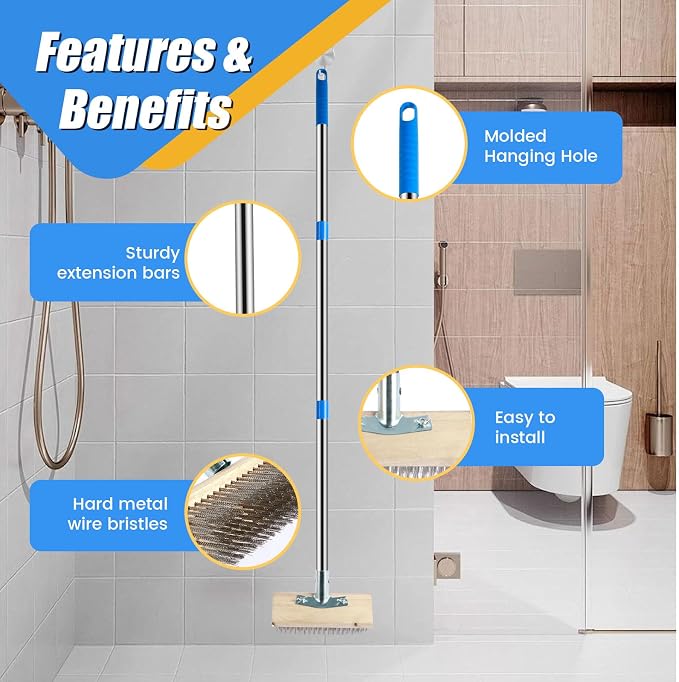 Stainless Steel Deck Scrub Brush with Detachable Long Handle Poles | Adjustable Wire Broom with 4 Detachable Pole Sections, Heavy Duty Metal Wire Floor Scrubber for Garden Cleaning