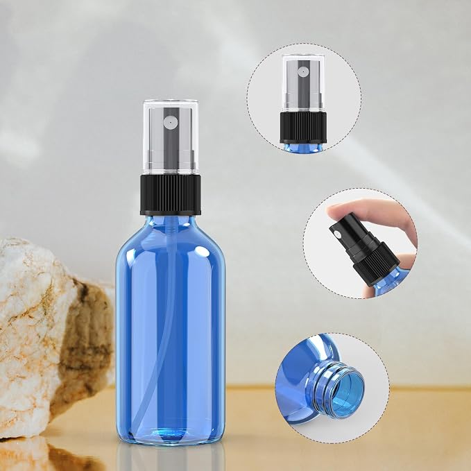 4 oz Mini Glass Spray Bottles, Empty Small Spray Bottles with Funnel Dropper, Fine Mist for Hair, Travel, Plants, Cleaning Solutions and Skin Care (4 Pack Sky Blue)