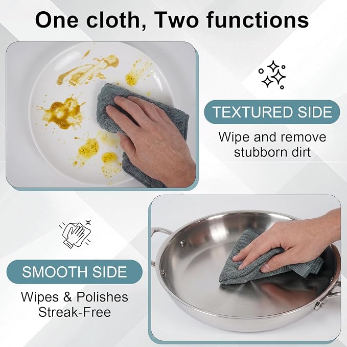 Dual-Sided Microfiber Cloths, 12x12 Lint-Free 6-Pack | Zig-zag side traps grease, soft side polishes. Streak & lint-free for home/auto. Stain-hiding grey, washable 12x12 6-pack.