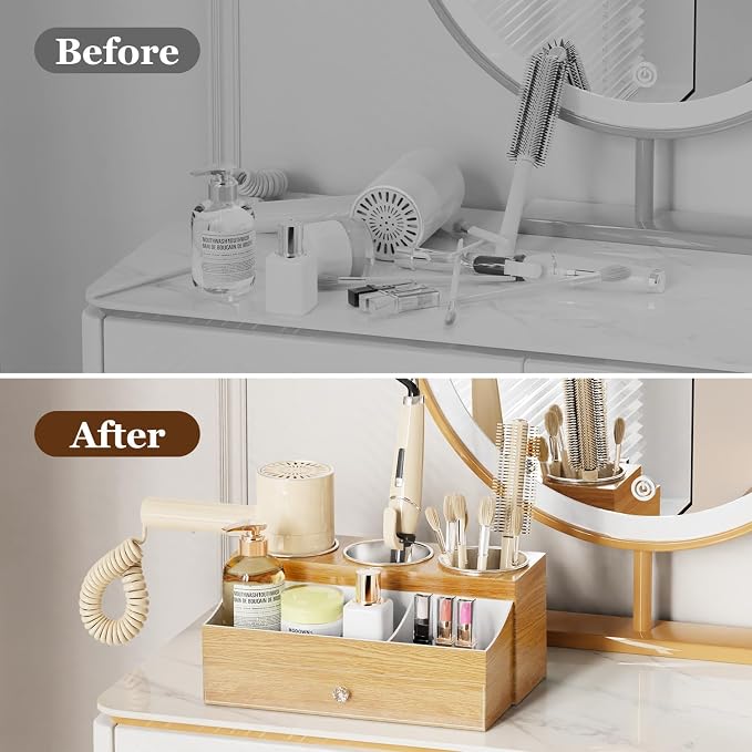 GFWARE Hot Hair Styling Tool Organizer with Drawer & 3 Cooling Cups, Wood | Hair Accessories Bathroom Vanity Storage, Hair Dryer, Blow Dryer, Curling Iron, Flat Iron, Hot Tools Cooling, Wood-Look