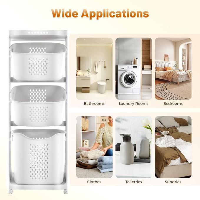 3 Tiers Rolling Laundry Hamper Cart, Laundry Baskets with Wheels, Clothes Washing Storage Basket for Kitchens, Bathrooms, Bedrooms, Laundry Rooms
