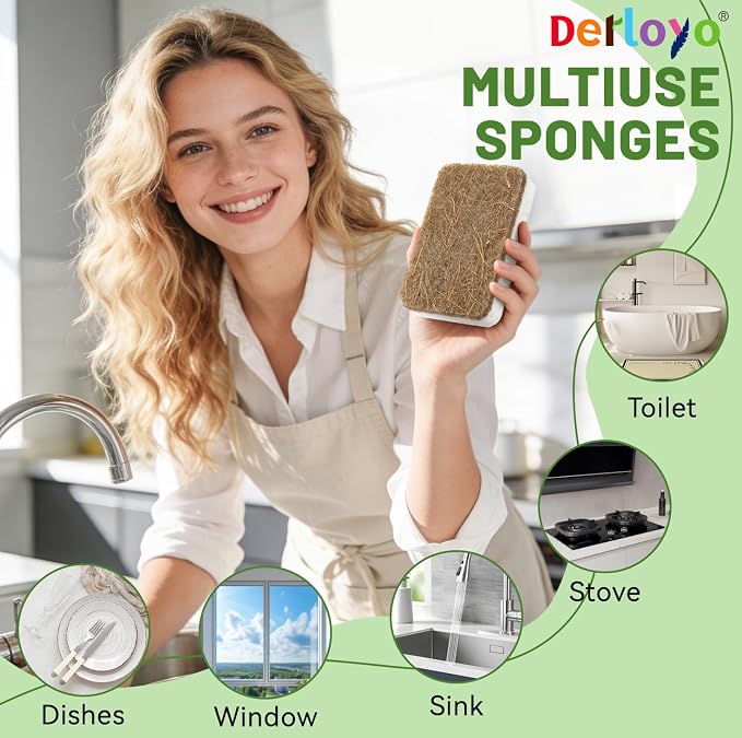 Natural Kitchen Sponges-12 Pack, Cellulose & Coconut Scrubber Dish Sponges | Biodegradable, Non-Scratch Cleaning, Plant-based, Compostable, Eco-Friendly, Sponges for Dishes, Pans, Pots