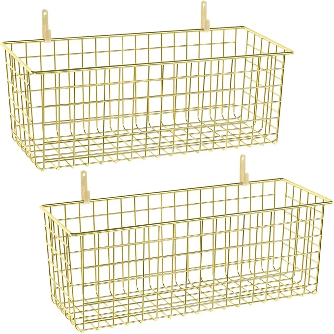 2 Sets Gold Extra Large Hanging Wall Basket with Steel Hooks | Metal Wire Baskets for Organizing, Wallmounted Fruit Vegetable Toy Snack Storage, Home Kitchen Bathroom Laundry Pantry
