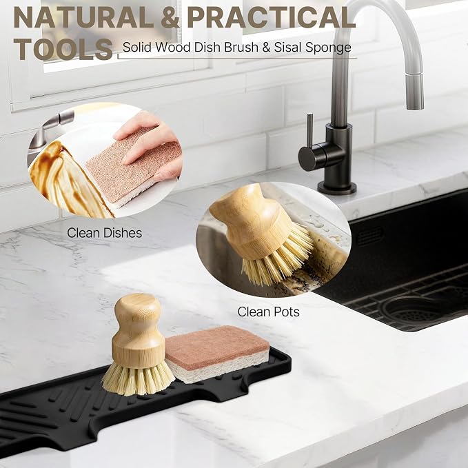 Kitchen Soap Dispenser Set with Self Draining Silicone Tray, Brush, Sponge | Hand and Dish Soap Dispenser Set, 2 x 17oz Amber Glass Soap Dispensers, Stainless Steel Pumps, Kitchen Sink Organizer