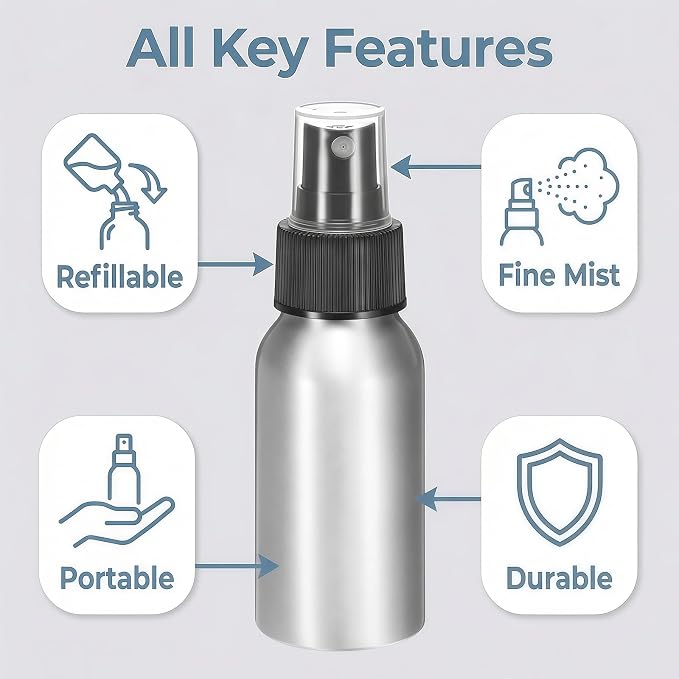 3 Pcs Aluminum Fine Mist Spray Bottle with Black Pump Sprayer Empty Sample Atomizer Containers for Essential Oils Perfume Aromatherapy Makeup Water size 50ml/1.7oz
