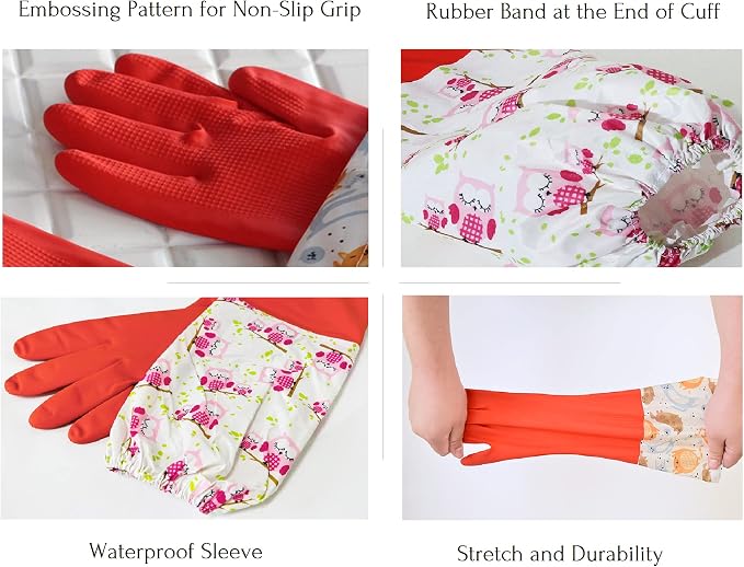 Myungjin Fleece-Lined, Flock Lining, Insulated Long Cuff, Reusable Waterproof Household Kitchen Dishwashing Non-Slip Cleaning Latex Rubber Gloves (2 Pairs)