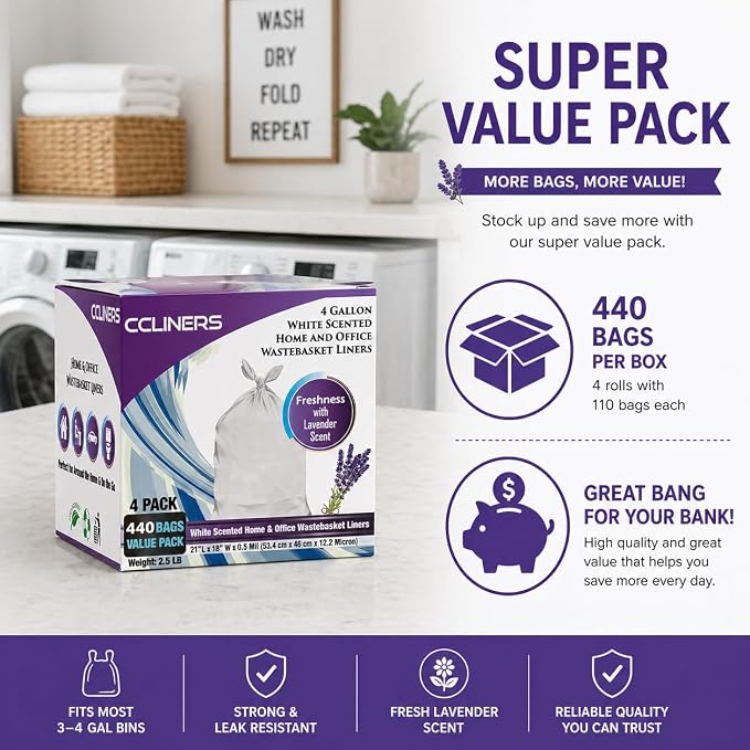 4 Gallon Trash Bag Lavender Scented (440 Count) Small Bathroom Garbage Bags Wastebasket Can Liners White Trash Bags for Home Kitchen Office Bins (440 Bags)