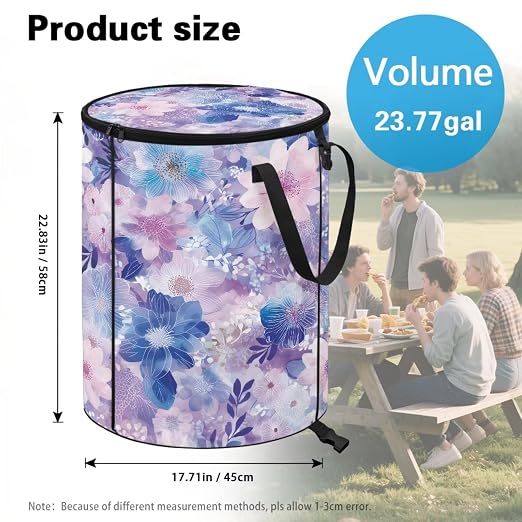 BIGCARJOB Flower Print Outdoor Trash Can with Lid, Foldable Trash Can Collapsible Pop Up Garbage Bin Waste Basket Storage for Travelers Camper Trailer