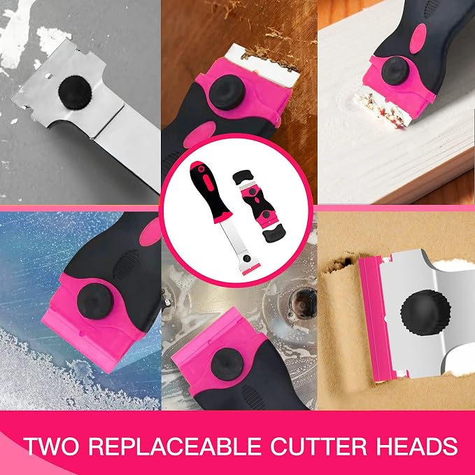 Razor Blade Scraper, 2 PCS Razor Scraper Tool for Removing Label, Registration Sticker, Tint, Grease from Windshield, Appliance, Glass（Pink）