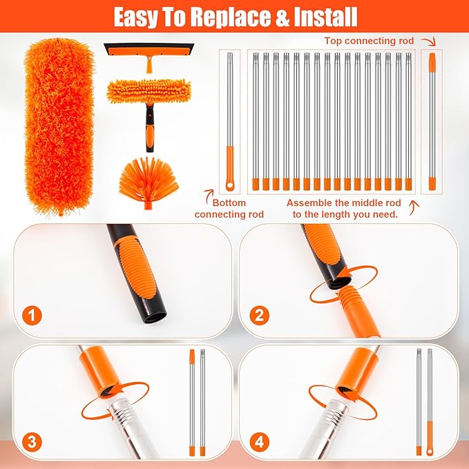 36 Feet High Reach Duster Kit with 2-30 ft Extension Pole High Ceiling Dusting and Window Cleaning Kit with Window Washer & Squeegee, Cobweb Duster, Washable Head for Ceiling Fan