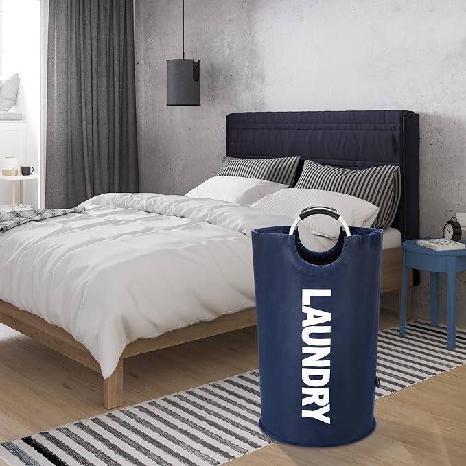 DOKEHOM 90L Large Laundry Basket Bag, Collapsible Tall Hamper, Dark Blue | Freestanding tall washing bin & foldable laundry bag. High-capacity clothes storage basket with durable sturdy handles