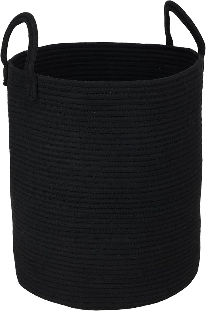 XUANGUO Black Cotton Rope Laundry Basket Hamper for Clothes Large | Baby Nursery Hamper Bin and Woven Storage Basket for Living Room Bedroom Boho Tall Rope Baskets Blankets Toys Pillows Towels