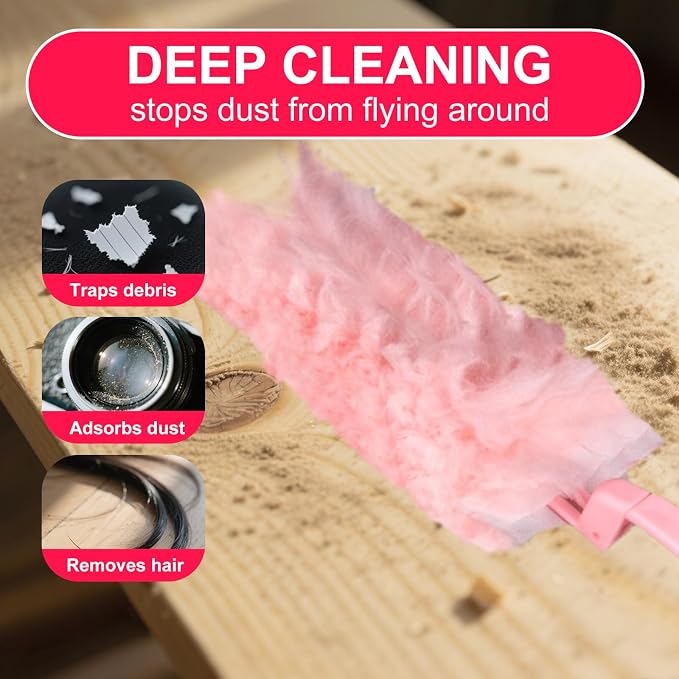 ITTAR 30 Count Duster Refill kit, Dust Cleaning Supplies with Extension Pole, Fan Feather Dusters with 2 Types Handle for Cleaning Home, Celling Fan, Blinds, Furniture, Vent & Shelves-Pink