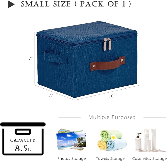 Storage Bins with Zipper Lids Decorative Lidded Baskets Boxes | Clothes Container, Closet Shelf Organizer, Foldable Washable, Cotton Linen Fabric, w/ PU Leather Handles, Deep Blue, Small