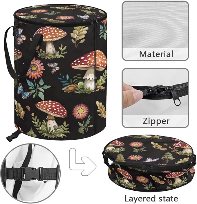 Mushroom Leaf Print Collaspible Trach Can wtih Lid and Handles 24 Gallon Large Capacity Trash Can for Yard Picnic Camping Garden Leaf Bin Reusable Waster Bags