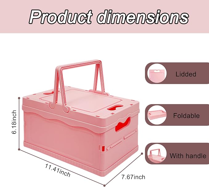 Foldable Small Plastic Baskets with Lids and Handles for Organizing,Collapsible Storage Crates, Stackable Bins for Home Kitchen Bedroom Bathroom Office (Pink, 12 * 8 * 7)