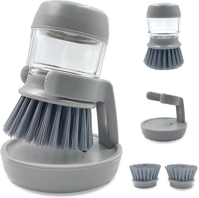 Soap Dispenser Dish Brush,Soap Dispenser with Dish Brush and Storage Bracket, Easy to Clean Kitchen Utensils and Sink, Gray