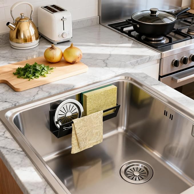 Epicano Sponge Holder for Kitchen Sink with Suction Cups & Adhesive Hook, Rustproof In-sink Sponge Holder, Space-saving Wall Hanging Sink Caddy Organizer Rack - Sponge, Dish Cloth, Brush- 2 Pack