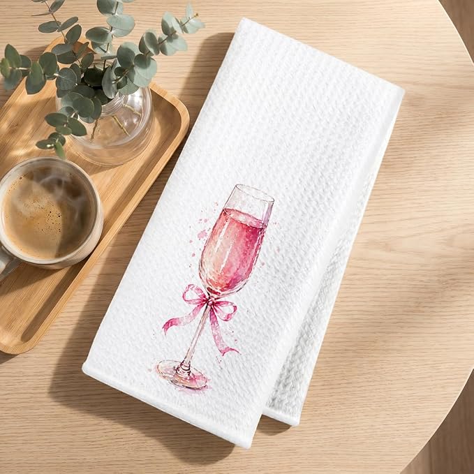 2 Pcs Pink Bow Champagne Kitchen Towels, Coquette Pink Reusable Dish Towels | Waffle Weave Hand Cloth Tea Towel for Kitchen Bathroom Home Decor, Alcohol Lover Gifts for Women Mom Friend 24x14 Inch