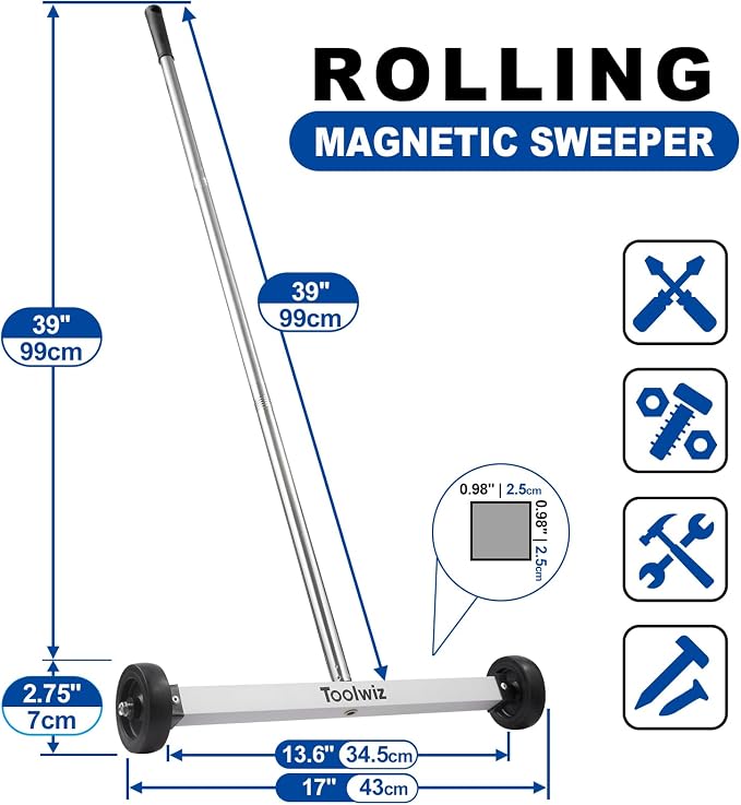 Toolwiz 17" Rolling Magnetic Sweeper with LED Telescopic Pick Up Tool | 10lbs Capacity Sweeper, 8lbs Telescopic Magnetic Pick Up Tool with LED Light, Lightweight with Wheels