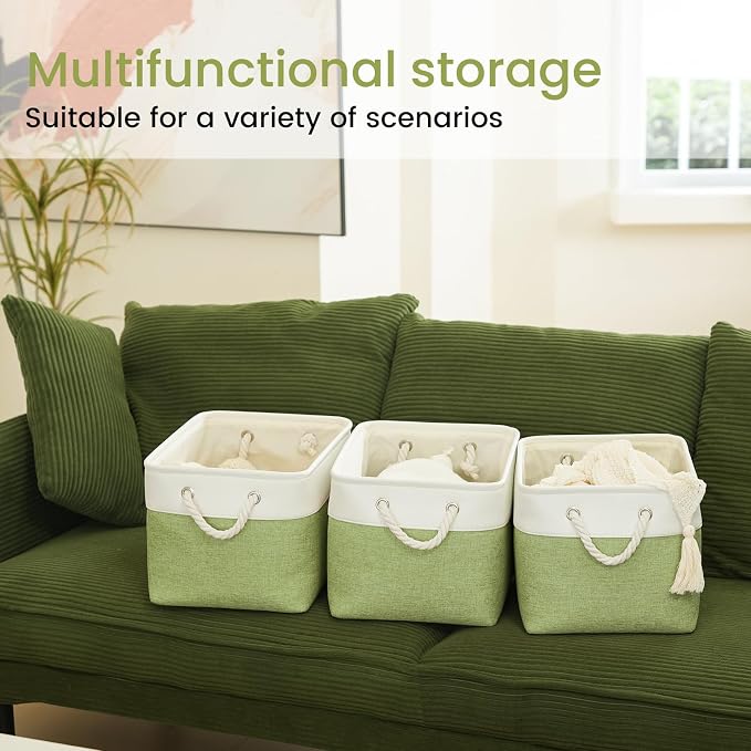 15x11x10 In Foldable Fabric Large Storage Bins with Handle 3 Pack | Organizer Baskets, Sturdy Metal Strand, Cardboard Support Molding, Storage Baskets for Shelves, Closet, Bedroom, White/Green