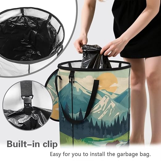 Landscape Bear Outdoor Trash Cans for Patio Collapsible Garbage Can 23 Gallon for Camping Water Resistant Storage Bin for Clothes Bedroom Trash Can Decorative