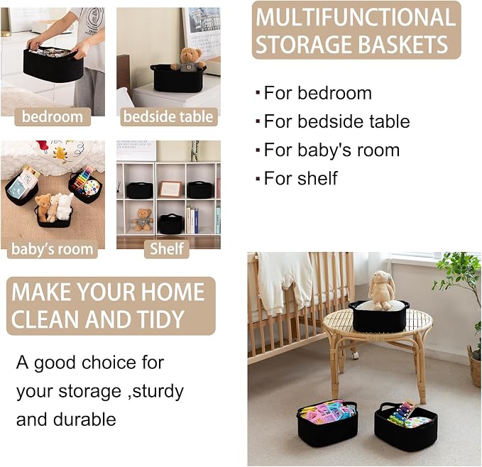 OIAHOMY 3 Pack Storage Baskets for Shelves Cotton Rope Storage Bins Black | Woven Baskets for Storage Nursery Storage Basket with Handles Baskets for Organizing Small Baskets Gift Baskets Empty