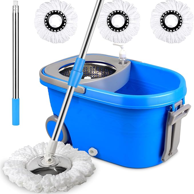 Spin Mop and Bucket with Wringer Set, 3 Mop Heads, 61" Adjustable Handle | 360° Spinning Mop Bucket System with 3 Microfiber Mop Heads & 61" Stainless Steel Adjustable Handle for Floor Cleaning