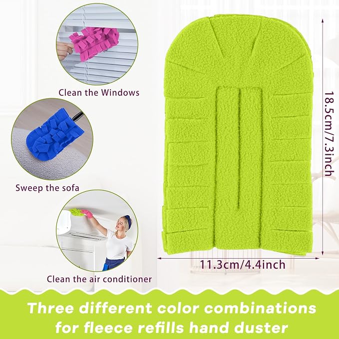 Zubebe 3 Pcs Reusable Duster Refills Fleece,Rose Red,Green, Blue | Soft Polyester Fiber Flat Duster Refill Multi Surface Washable Cleaning Pad Tools for Home, Blinds, Car, Pet, Furniture, Fans
