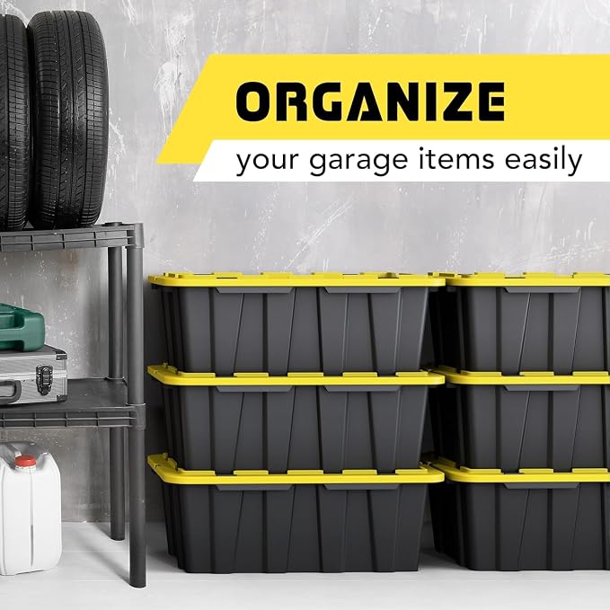 8 PACK of 12 Gallon Medium Black & Yellow Storage Bins | Plastic Tote Organizing Container with Secure Latching Lids, Stackable, Extra Strength with Built in Handle | 24.5" x 16.5" x 9"