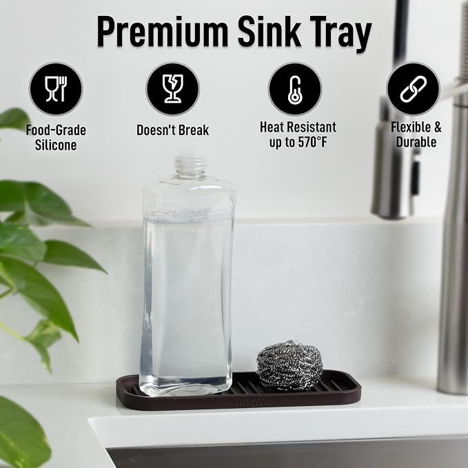 Zulay Kitchen (9x3.5 Silicone Sponge Holder for Kitchen Sink - Flexible Multipurpose Soap Tray Sponge Holder - Sink Organizer Tray for, Bathroom, Makeup, Trinkets & More (Chocolate)