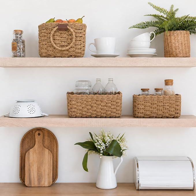 Paper Rope Storage Baskets Set of 3, Handwoven Decorative Wicker Organizer Bins with Handles for Shelves, Bathroom, Closet & Pantry, Soft Woven Nesting Storage Basket Set (Khaki)