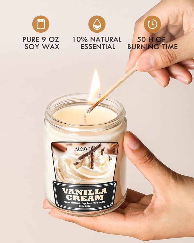 AOOVOO 4 Pack Vanilla Cream Odor Eliminating Candle Set - 36 oz Non Toxic | Eliminates 95% of Smoke, Food, Pet and Other Smells Quickly, Up to 200 Hours Burn time, Highly Fragranced Air Freshing Candle